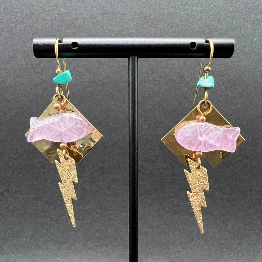 Artisan Fish Earrings Gold Tone‎ Rose Quartz Textured Boho
